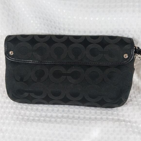 COACH! BLACK & BROWN LOGO FABRIC, LEATHER TRIM, GOLD CLASP WRISTLET, WALLET! - Picture 5 of 11